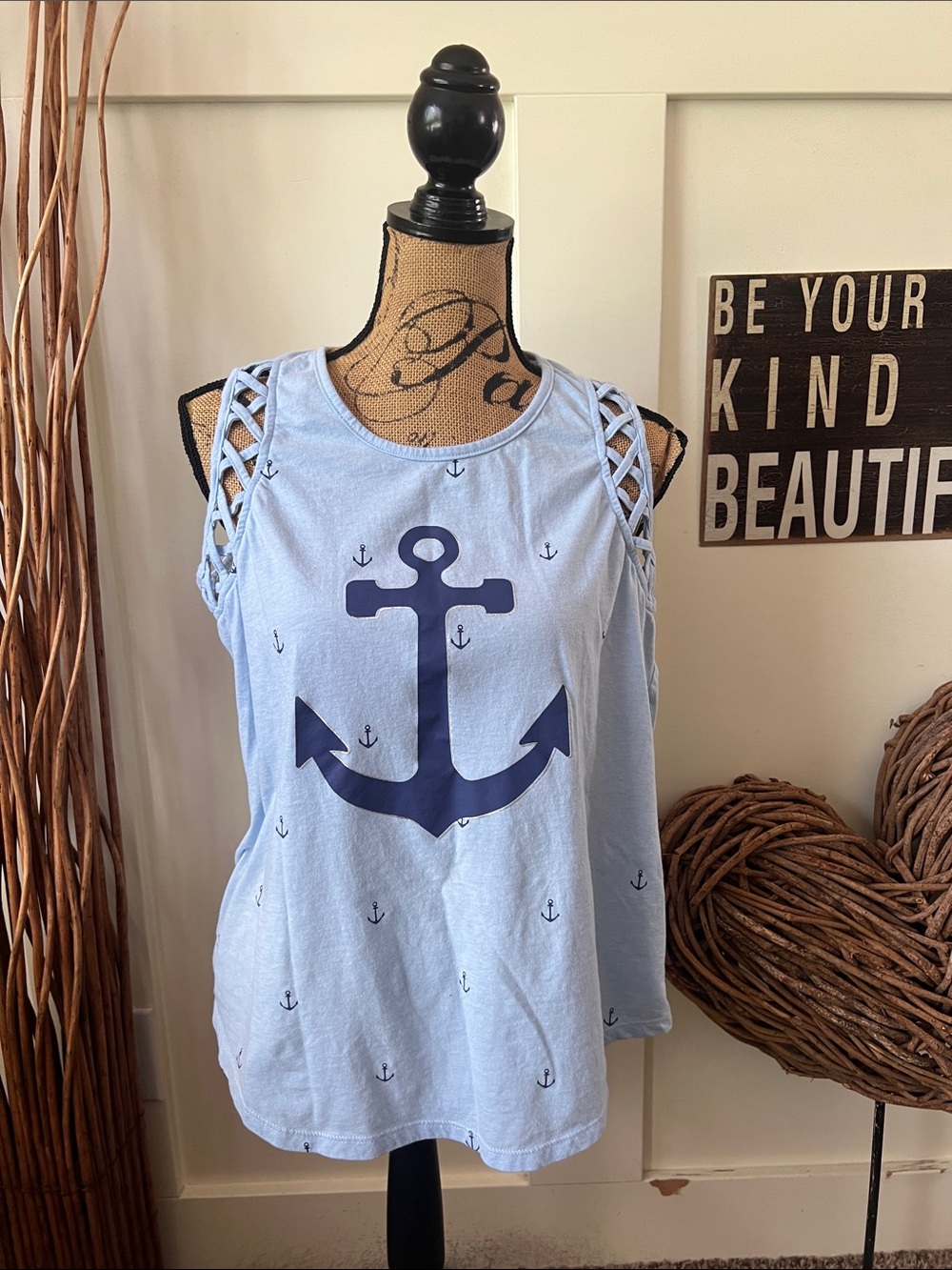Nautical Light Blue Anchor Tank with Lattice Straps